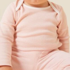 Long Sleeve Bodysuit -Baby Clothing Shop BlushStripeHat BlushStripeLongSleeveBodysuit BlushStripeOrganicLeggings BlushStripeBabyBooties 261 1