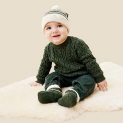 Cable Knit Sweater & Leggings Outfit -Baby Clothing Shop CABLE KNIT JUMPER KNITTED LEGGINGS OUTFIT THYME KNITTED STRIPED BEANIE MITTENS SET THYME KNITTED BOOTIES THYME 5394
