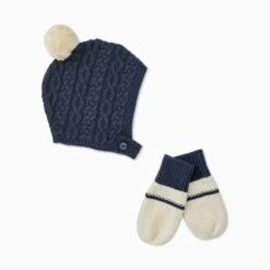 Cable Knit Bonnet Hat & Mittens Set
