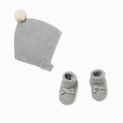 Knitted Oat Bonnet Hat & Booties Set -Baby Clothing Shop Grey Knitwear Bonnet Booties