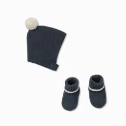 Knitted Bonnet Pompom Hat & Booties Set