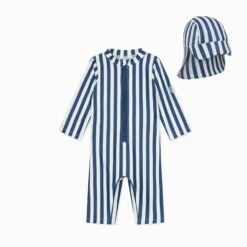 Navy Stripe One-Piece Rashguard & Hat