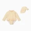 Mustard Stripe Frill Long Sleeve Swimsuit & Swim Hat Set -Baby Clothing Shop Mustard Stripe Frill Long Sleeve Swimsuit Swim Hat Set