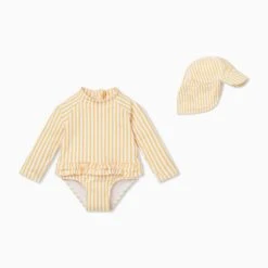 Mustard Stripe Frill Long Sleeve Swimsuit & Swim Hat Set