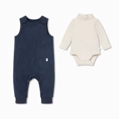 Ribbed Romper & Turtleneck Bodysuit Outfit 9 Ribbed Romper & Turtleneck Bodysuit Outfit -Baby Clothing Shop Navy Romper Roll Neck Ecru BS