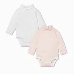 Turtleneck Bodysuit 2 Pack 7 Turtleneck Bodysuit 2 Pack -Baby Clothing Shop Roll Neck White Blush Stripe LS BS 2 Pack