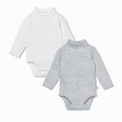 Turtleneck Bodysuit 2 Pack 6 Turtleneck Bodysuit 2 Pack -Baby Clothing Shop Roll Neck White Grey Marl LS BS 2 Pack