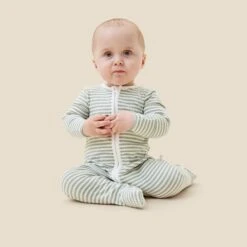 Sage Stripe Ribbed Clever Zip Footed Baby Pajamas -Baby Clothing Shop SAGE STRIPE RIBBED SLEEPSUIT 1557