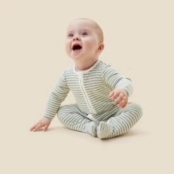 Sage Stripe Ribbed Clever Zip Footed Baby Pajamas -Baby Clothing Shop SAGE STRIPE RIBBED SLEEPSUIT 1584