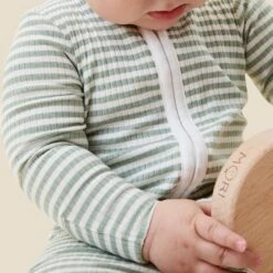 Sage Stripe Ribbed Clever Zip Footed Baby Pajamas -Baby Clothing Shop SAGE STRIPE RIBBED SLEEPSUIT 1657