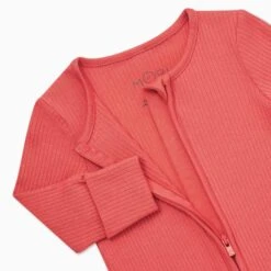 Coral Ribbed Clever Zip Romper -Baby Clothing Shop Spiced Coral Ribbed Clever Zip Sleepsuit Arm Detail