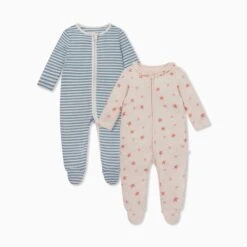 Stripe Ribbed & Starfish Zip-Up Baby Pajamas 2 Pack