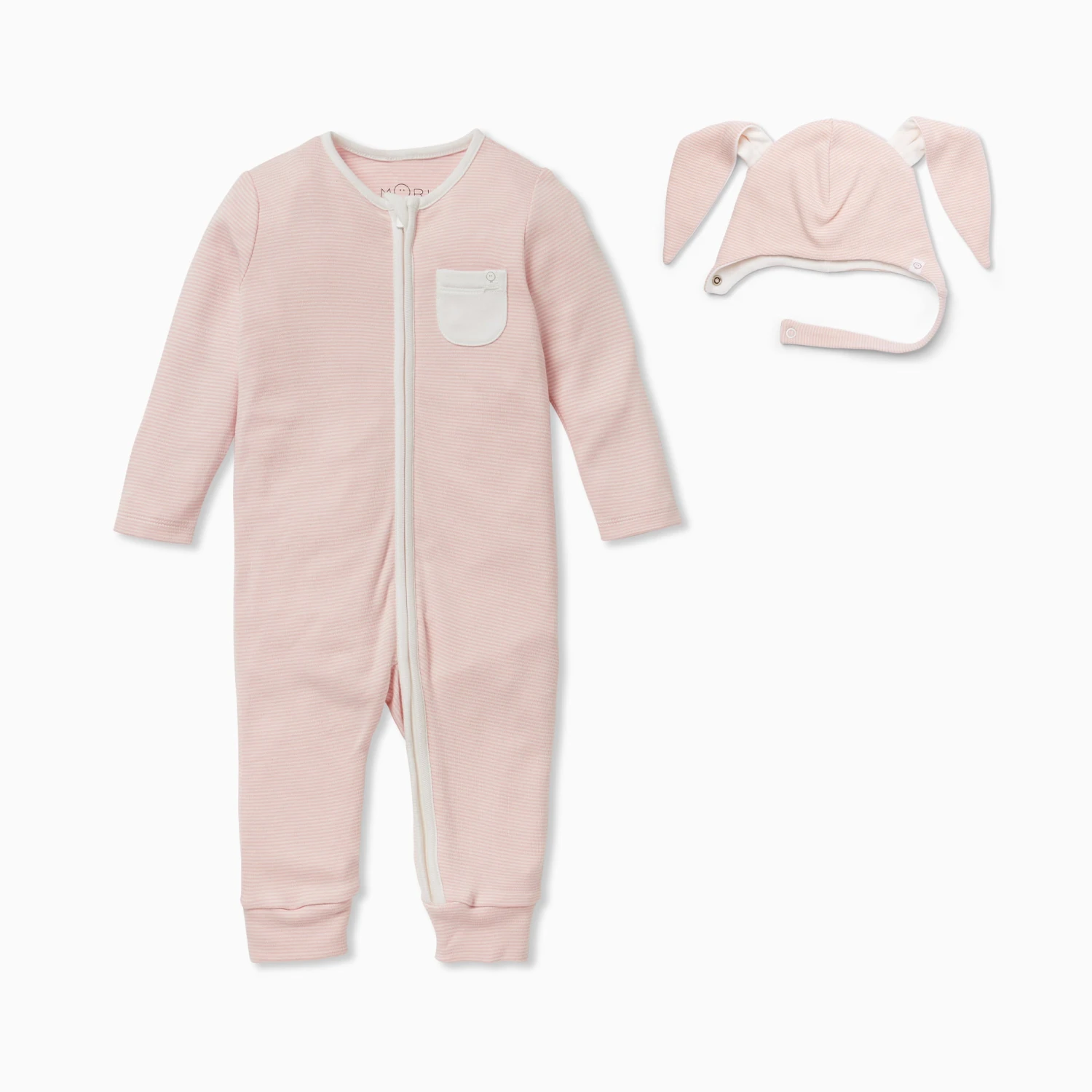 Blush Stripe Clever Zip Romper & Bunny Bonnet Set 3 Blush Stripe Clever Zip Romper & Bunny Bonnet Set