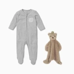 MORI Personalized Baby Pajamas & Mon Ami Bear Blanket Set -Baby Clothing Shop US MORIPersonalisedSleepsuit MonAmiPrinceSet Grey footed