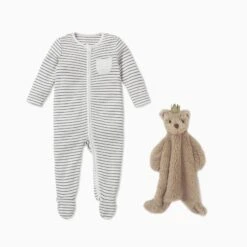 MORI Personalized Baby Pajamas & Mon Ami Bear Blanket Set -Baby Clothing Shop US MORIPersonalisedSleepsuit MonAmiPrinceSet Grey stripe footed