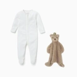 MORI Personalized Baby Pajamas & Mon Ami Bear Blanket Set -Baby Clothing Shop US MORIPersonalisedSleepsuit MonAmiPrinceSet White footed