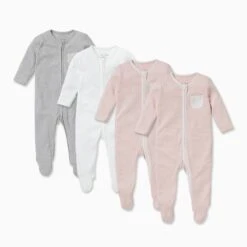 Clever Zip Baby Pajamas 4 Pack -Baby Clothing Shop Zip Up Sleepsuits 4pack feet blush
