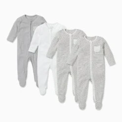 Baby Clothing Shop -Baby Clothing Shop Zip Up Sleepsuits 4pack feet grey stripe